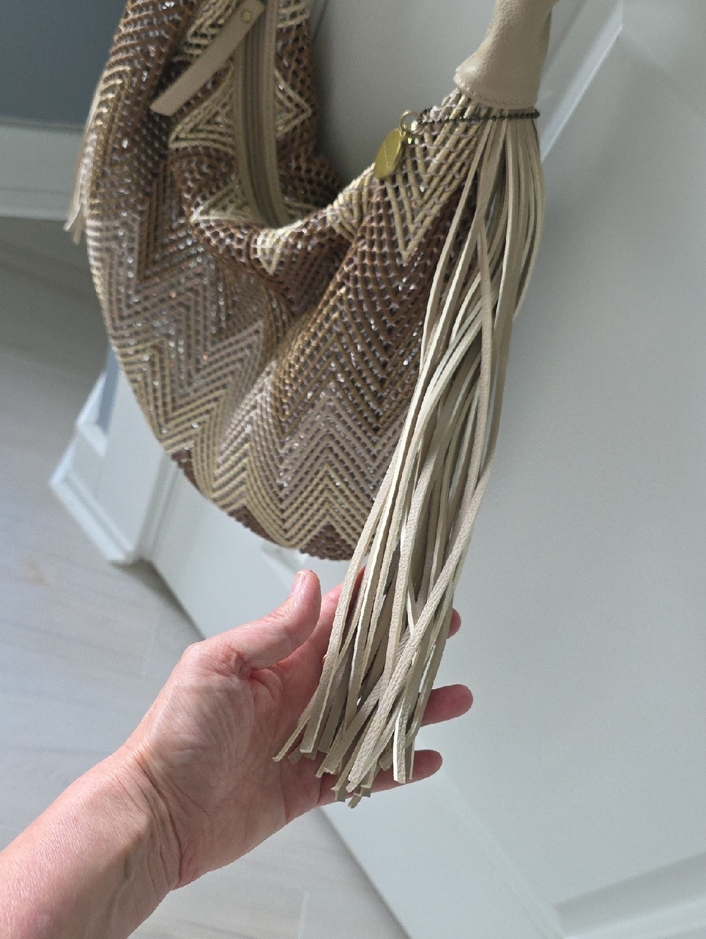Big Buddha Tan/Brown/Cream Braided Cheveron Pattern Fringe Hobo Bag - Picture 3 of 9